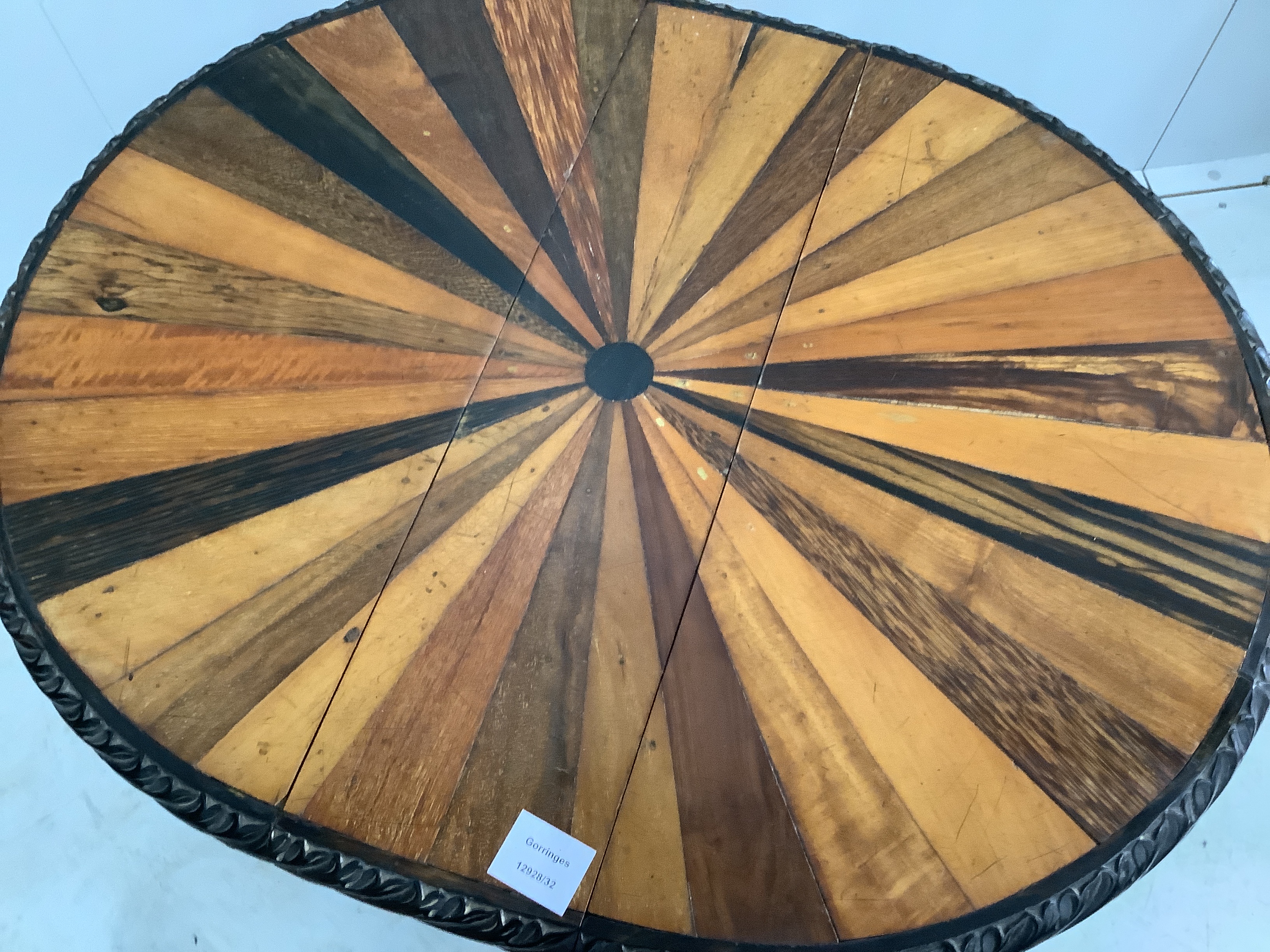 A late 19th century Anglo Indian specimen wood and ebony Sutherland table, width 75cm extended, depth 60cm, height 63cm